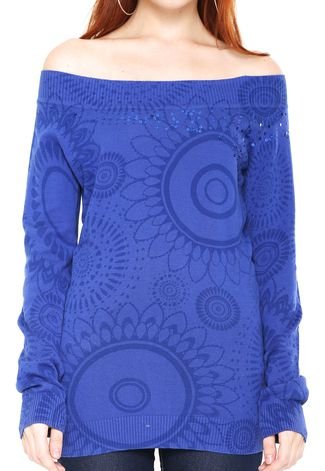 Suéter Desigual Tricot Ombro-a-Ombro  Flor Azul