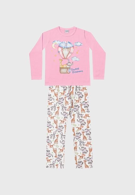 Pijama Fakini Longo Infantil Sweet Dreams Rosa/Off-White - Marca Fakini