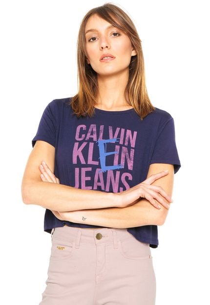 Blusa Cropped Calvin Klein Jeans Estampada Azul-Marinho - Marca Calvin Klein Jeans