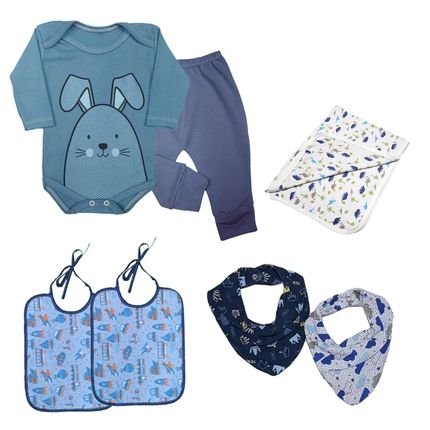 Kit Enxoval Bebê 7 Peças Body Longo Mijão Cueiro e Babador Azul - Marca Koala Baby
