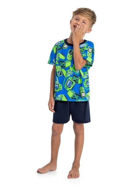 Pijama com Camiseta e Bermuda Masculina Infantil em Meia Malha Quimby Azul - Marca Quimby