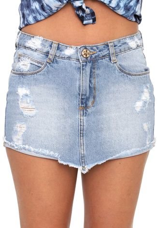 Saia Jeans Indigo Jeans Curto Destroyed Azul