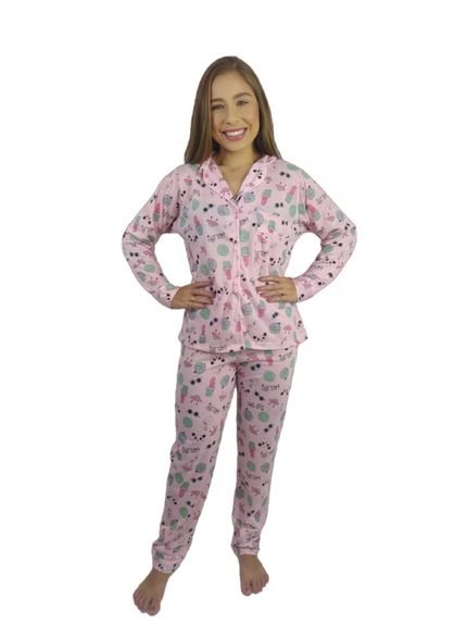Pijama Feminino Inverno Adulto Americano Longo De Frio Rosa Panda - Marca CIA DA SEDA