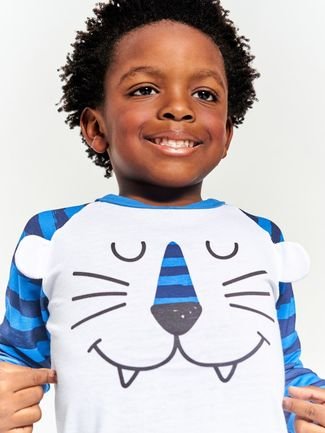 Pijama Infantil Menino Estampa Tigrinho  Tam 1 a 12 anos  Branco e Azul