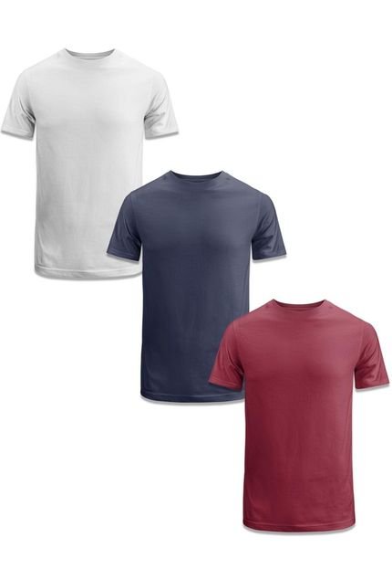 Camisetas Masculinas Em Algodão Kit 3 T-Shirt Manga Curta Gola Careca Simples Versátil Techmalhas Branco/Azul Marinho/Bordô - Marca TECHMALHAS