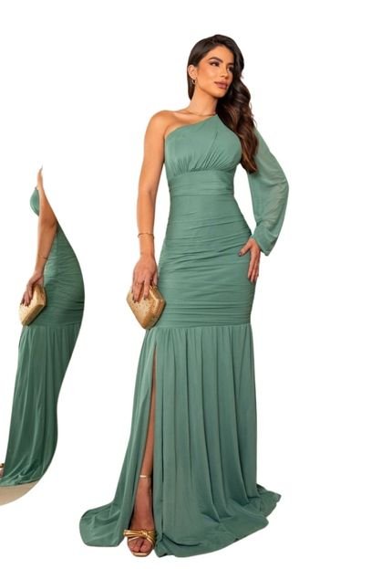 Vestido Longo de Festa Madrinhas Tubinho Sereia uma Manga Jammytta Verde Menta - Marca Cia do Vestido