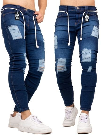 Calça Jeans Masculina Azul Rasgado com Ziper Azul Escuro Ref: 161 - Marca CAMISETERIA TATTOOS