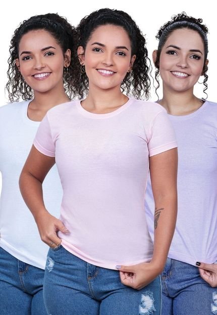 Camiseta Baby Look Feminina Kit 3 Blusa Algodão Básica Lisa Manga Curta Tshirt Dia A Dia Techmalhas Branco/Rosa/Lilás - Marca TECHMALHAS