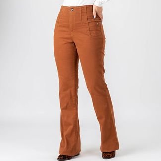 Calça Jeans Flare Super Flex Recortes e Pence Bloom Marrom Terroso