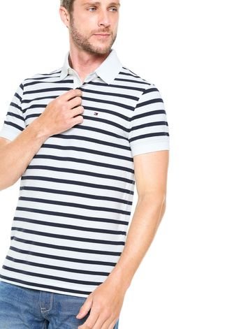 Camisa Polo Tommy Hilfiger Slim Listras Branca/Azul