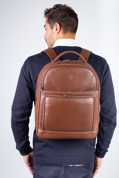 Mochila de couro masculina para notebook Vicente - Caramelo - Marca Vira Vento