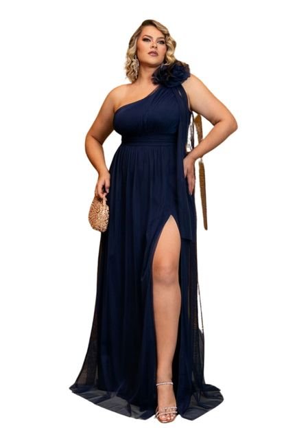 Vestido Longo de Festa Madrinhas Curvy Plus Size um Ombro com Detalhe Macela Azul Petróleo - Marca Cia do Vestido