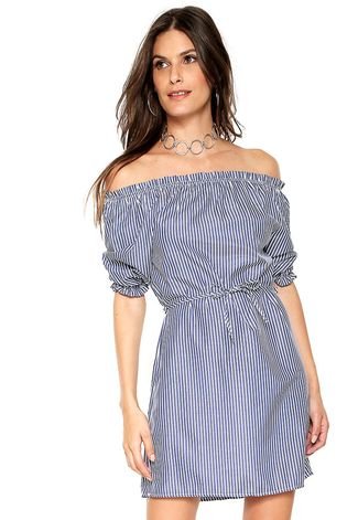 Vestido Ombro-a-Ombro Lily Fashion Curto Listras Branco/Azul-Marinho