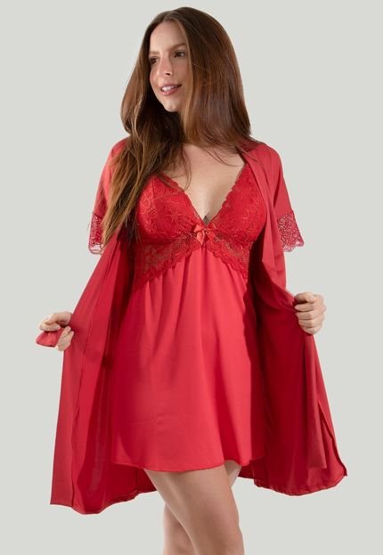 Robe Com Renda Diluxo Pijama Vermelho - Marca Diluxo