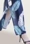 Vestido Longo Fendas Decote Careca Manga Curta Malha Fria Elastano Estampa Exclusiva Azul Folhas - Marca 101 Resort Wear