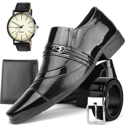 Sapato Social Masculino Calce Fácil Preto   Cinto   Carteira   Relógio - Marca Dhl Calçados