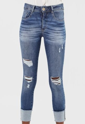 Calça Cropped Jeans Biotipo Skinny Destroyed Azul
