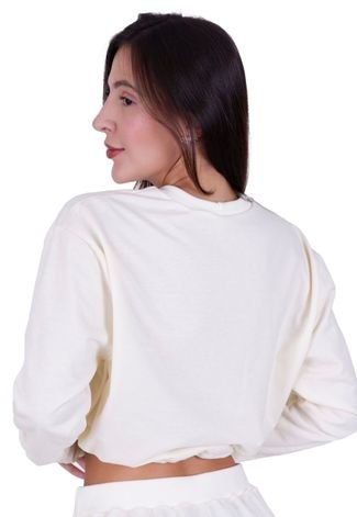 Casaco de Moletom Feminino Blusa de Inverno Manga Longa Moletinho com Regulagem Branco