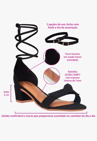 Sandália Feminina Salto Quadrado Grosso Bloco Baixo tira Laço Nó Nobuck Confortável Sapato Festa elegante Preto