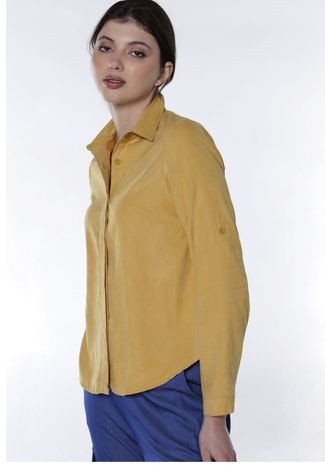Camisa Feminina Lisa Manga Longa Estonada Sob Caramelo Amarelo