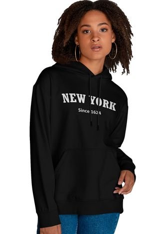 Blusa De Frio Feminina Moletom Flanelado Com Capuz e Bolso Canguru New York Preto