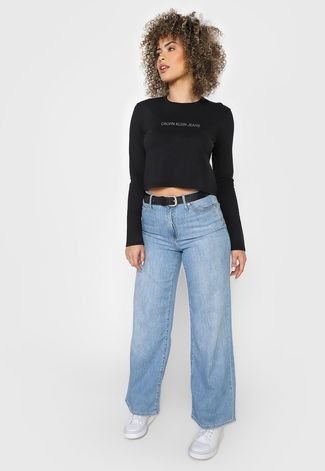 Camiseta Cropped Calvin Klein Jeans Logo Preta - Compre Agora