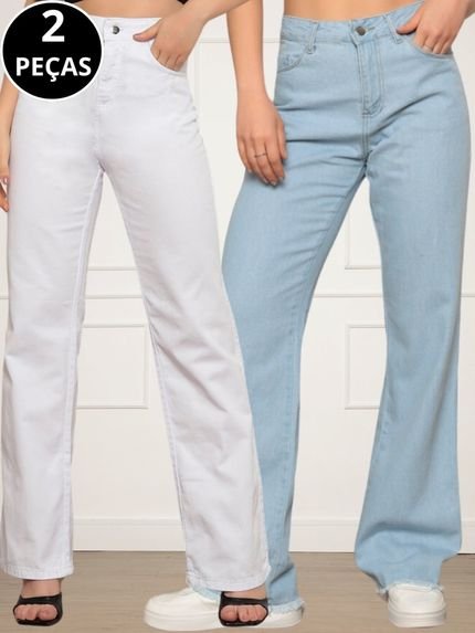 Kit 02 Calças Jeans Wide Leg Pantalona Feminina Branca e Azul Claro - Marca CKF Wear