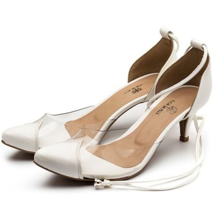 Sapato Scarpin Feminino Salto Baixo Fino Confortável Com Amarração Em Napa Branca - Marca Flor da Pele