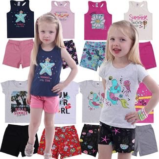 Kit Roupas de Crianças 10 Conjuntos Blusas Manga Curta e Regata   Shorts de Cotton Feminino Tamanhos 1 aos 8 Anos