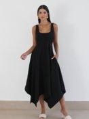 Vestido Midi Novah Store Evasê Barra Assimetrica Sarja Preto - Marca Novah Store