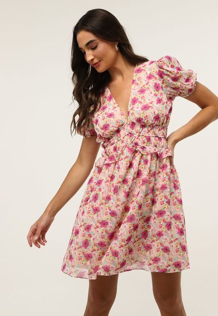 Vestido Trendyol Collection Curto Floral Babado Rosa - Marca Trendyol Collection