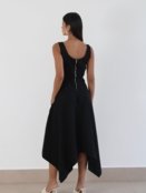 Vestido Midi Novah Store Evasê Barra Assimetrica Sarja Preto - Marca Novah Store