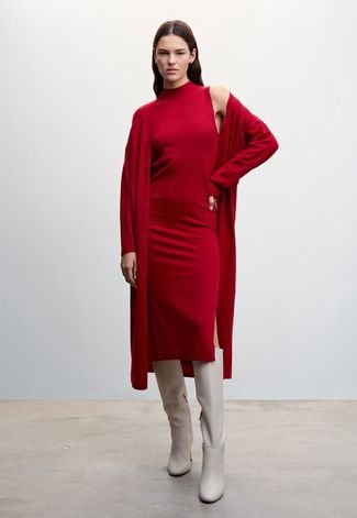 Vestido Mango Midi Fenda Vermelho