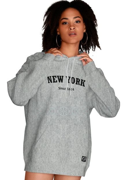 Blusa De Frio Feminina Moletom Flanelado Com Capuz e Bolso Canguru New York Cinza - Marca BUENO STORE