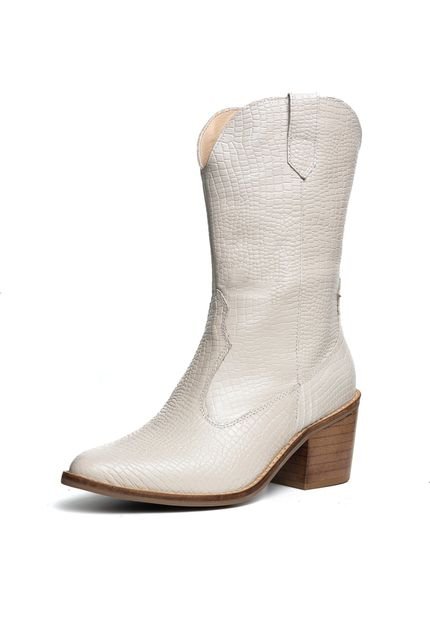 Bota Texana Western Bico Fino Country Couro Croco Off White Kuento Shoes - Marca KUENTO SHOES