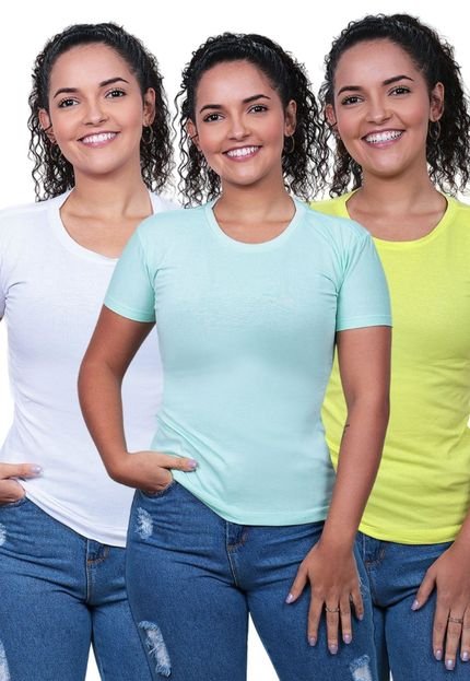 Camiseta Feminina Baby Look Kit 3 Blusa Lisa Básica Viscolycra Blusinha Trabalho Passeio Techmalhas Branco/Verde/Amarelo - Marca TECHMALHAS