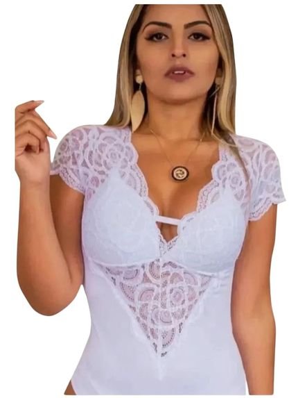 Body Summer Body Renda Decotado Manga Curta Rendado Bojo Collant Branco - Marca Summer Body