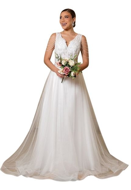 Vestido Longo de Noiva Casamento Renda Detalhes Pedraria Rendado Lilith Branco - Marca Cia do Vestido