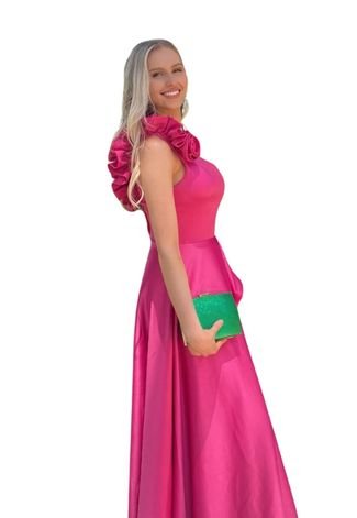 Vestido Longo de Festa Madrinhas Um Ombro Fenda na Saia Cetim Bettiny Rosa Pink