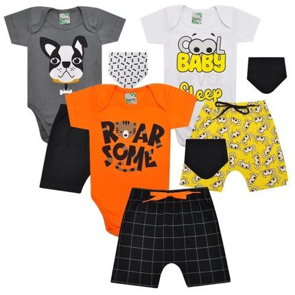 Kit 3 Body com Babador e Shorts Bebê Masculino - Marca Tiktak Kids