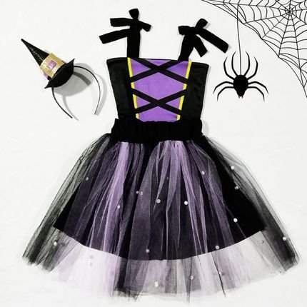 Vestido Infantil Fantasia Menina Halloween Bruxa Tiara - Marca Anjo da mamãe