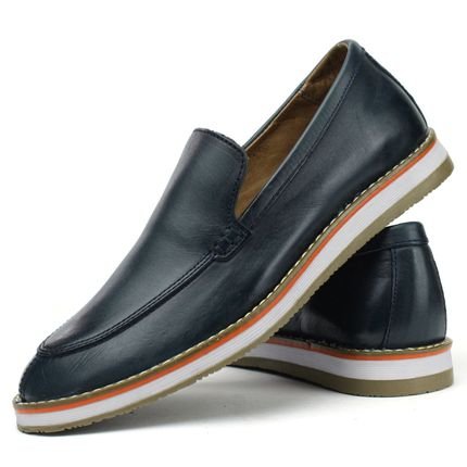 Sapato Casual Loafer Couro Masculino Calce Fácil Forro Couro Leve Elegante Sofisticado Marinho - Marca super shoes