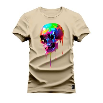 Camiseta Plus Size Premium Estampada Algodão Confortável Caveira Aquarela - Bege - Marca Nexstar