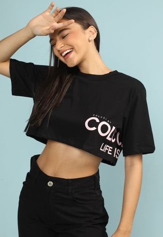 Camiseta Cropped Colcci Lettering Preta