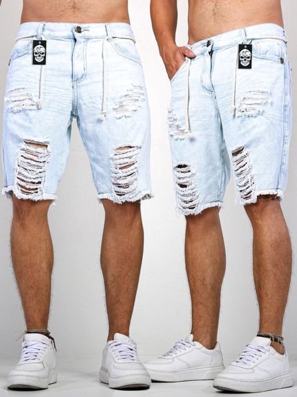 Bermuda Jeans Masculina Destroyed Rasgada Azul Claro Variado - Marca CAMISETERIA TATTOOS