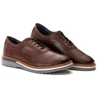 Sapato Brogue Oxford Casual Premium de Luxo Tratorado Couro Marrom