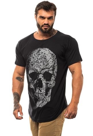 Camiseta Longline Masculina MXD Conceito para Academia e Casual Skull Points Preto Meia Malha