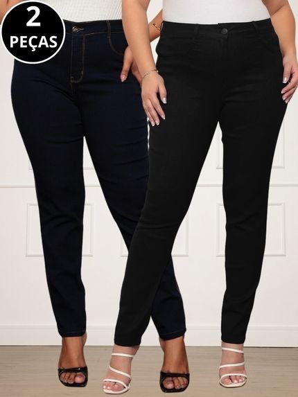 Kit 02 Calças Jeans Plus Size Silver Feminina Azul Escuro e Preto - Marca CKF Wear