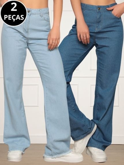 Kit 02 Calças Jeans Wide Leg Pantalona Feminina Azul Claro e Médio - Marca CKF Wear