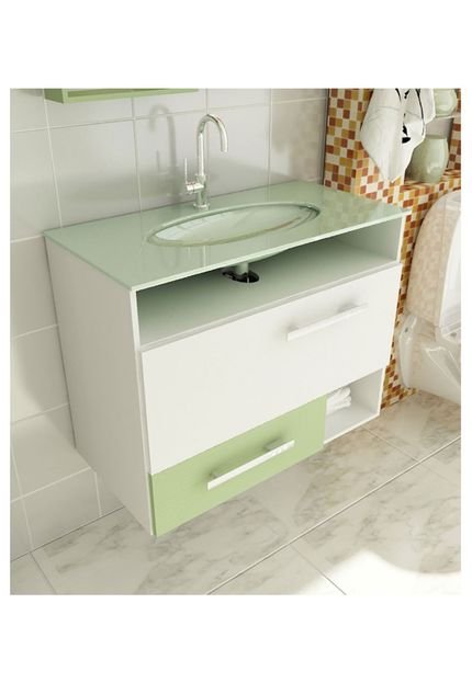 Gabinete para Banheiro 80 cm com 2 Peças Linea 17 Branco e Verde Tomdo - Marca Tomdo
